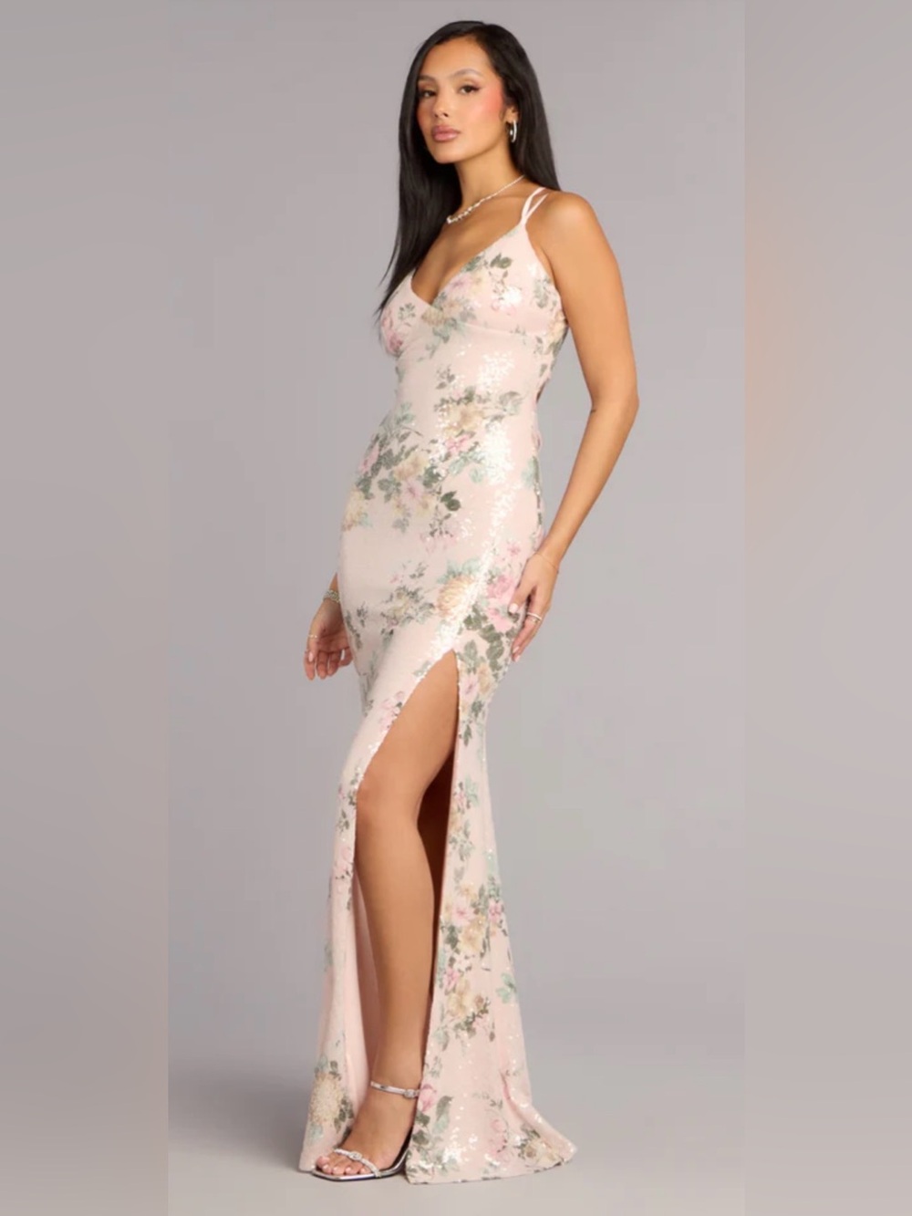 Windsor Blush Pink Floral Sequin Spaghetti-Strap Gown